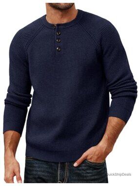 Mens Waffle Knit Henley Pullover Sweater Long Sleeve Casual